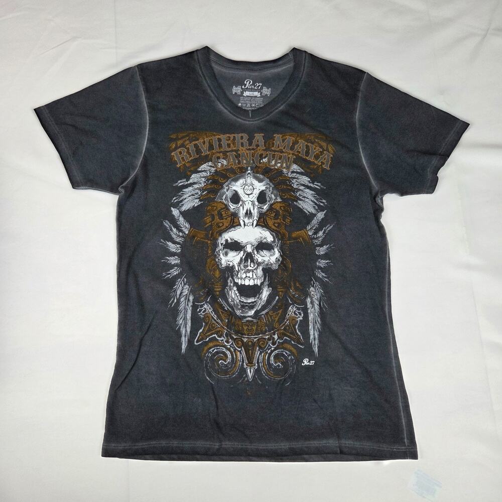 Pier 27 Cancun Mexico‎ Skull Graphic Tee Mens L Grey Distressed Biker Grunge